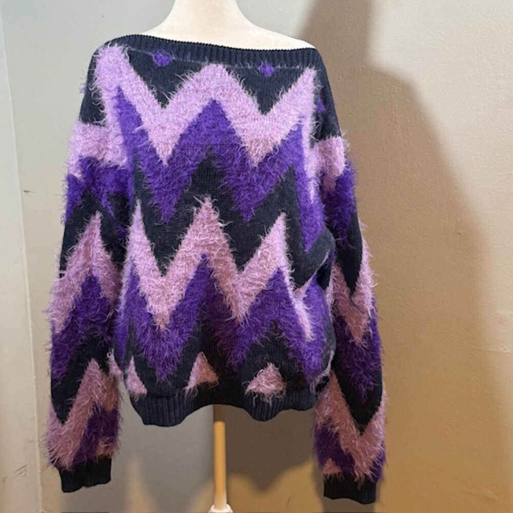 Saint + Sofia Purple Zigzag Mohair Blend Sweater M Y2K Barbiecore Maximalist‎